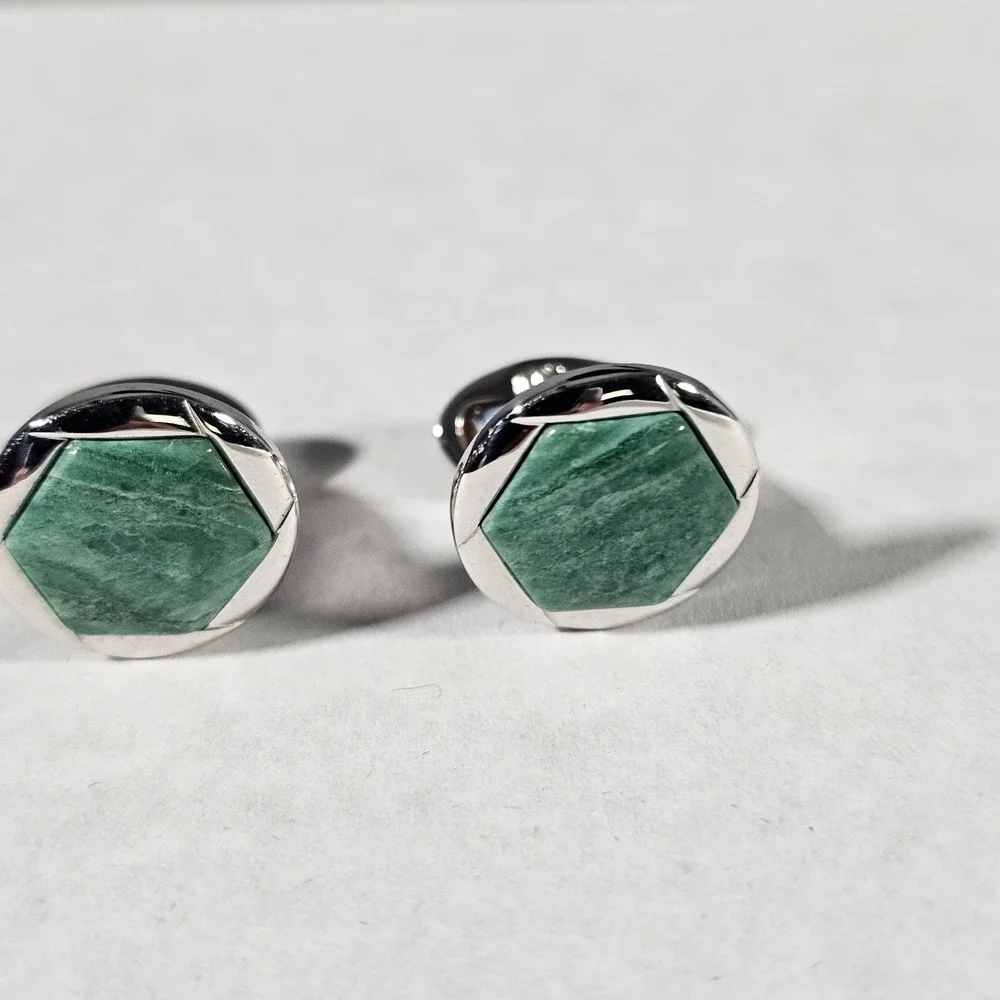Jan Leslie Cufflinks Mens OS Green Sterling Silver‎ 925 Hexagon Stone Inlay